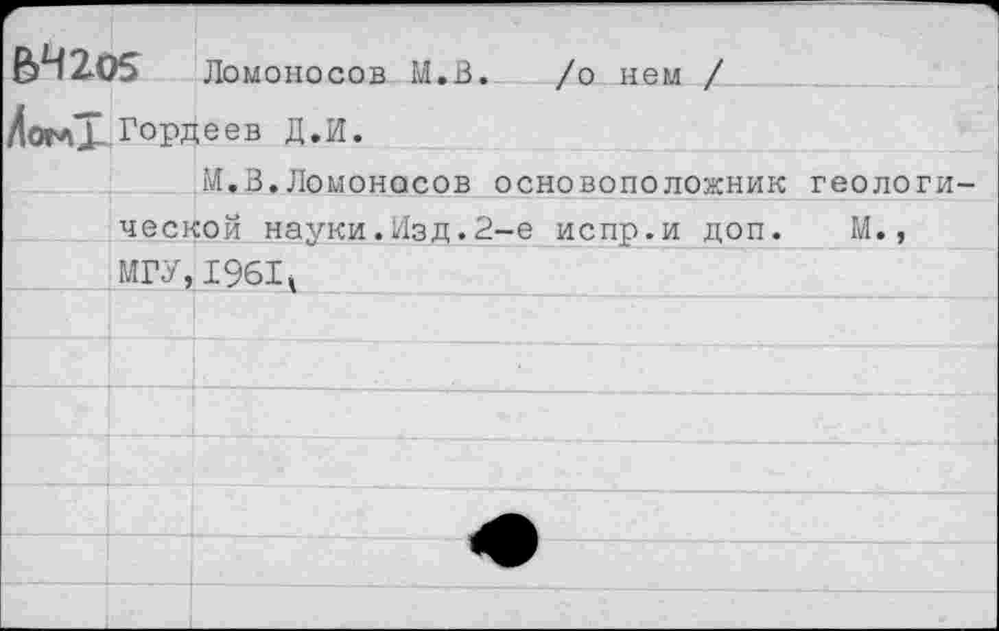 ﻿ВЧ205		Ломоносов М.В. /о нем /
ХомТ Г орг		(еев Д.И.
		М.В.Ломоносов основоположник геологи-
	ческой науки.Изд.2-е испр.и доп. М.,	
	МГУ,	1961л
		
		
		
		
		
—		
		